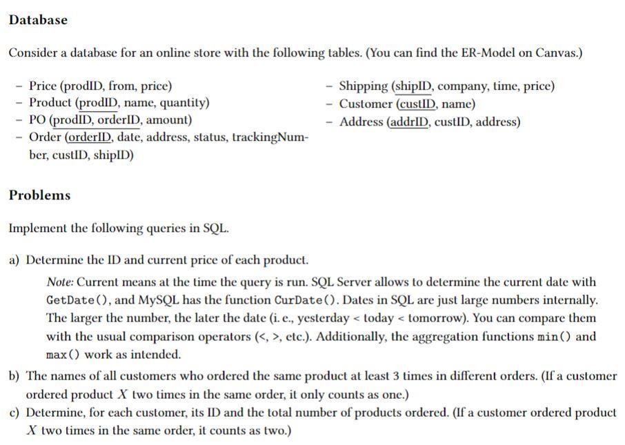 Database Consider a database for an online store with | Chegg.com