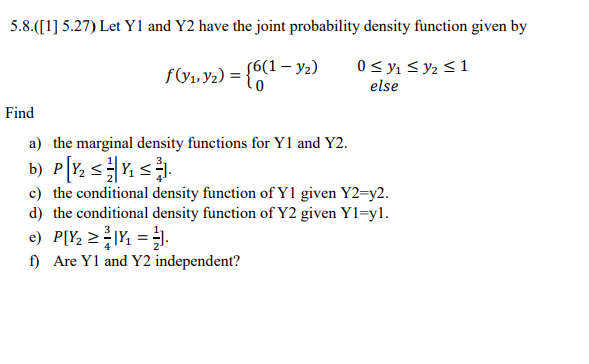 Solved 5 8 [1] 5 27 Let Y1 And Y2 Have The Joint