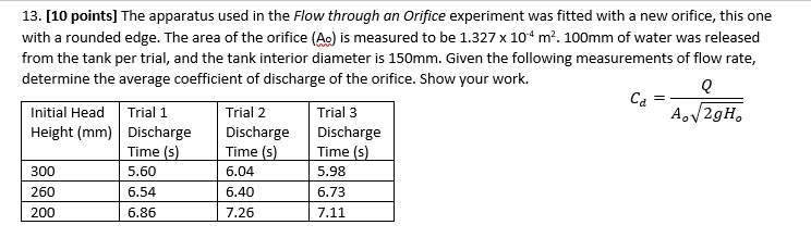 Solved 13. [10 points] The apparatus used in the flow | Chegg.com