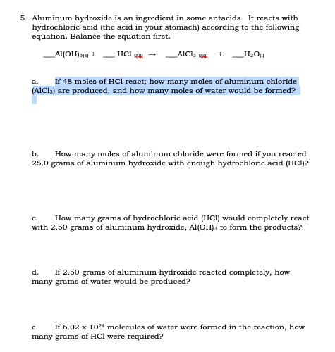 Solved 5. Aluminum hydroxide is an ingredient in some | Chegg.com