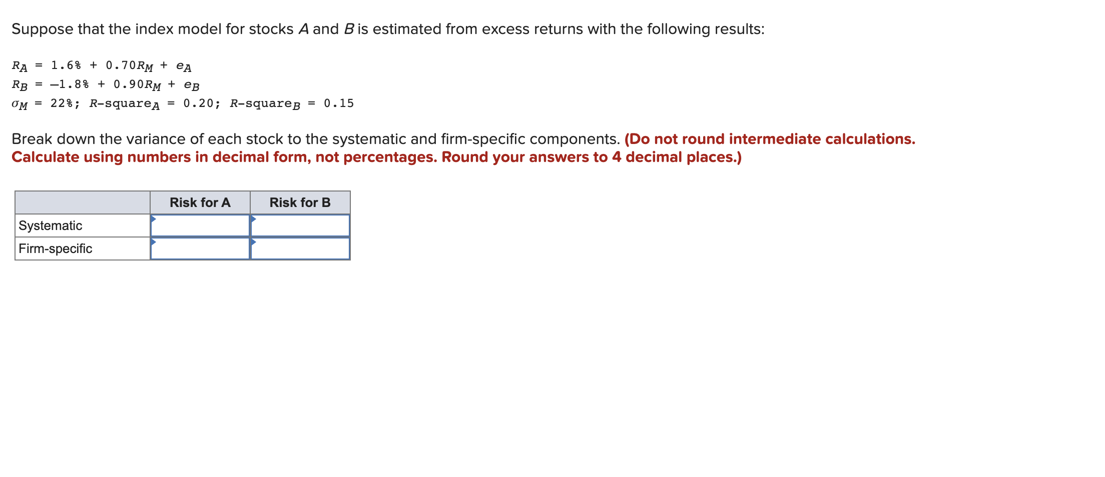 Solved Suppose that the index model for stocks A and B is | Chegg.com