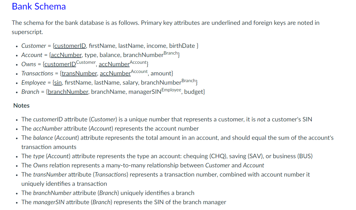 Solved Bank Schema The schema for the bank database is as | Chegg.com