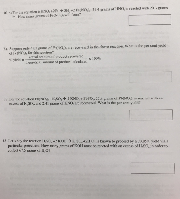 Solved 16. a) For the equation 6 HNO3+2Fe → 3H, +2 Fe(Nob. | Chegg.com