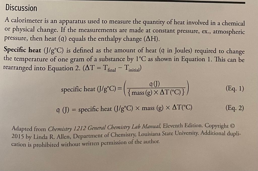 Solved Discussion A calorimeter is an apparatus used to