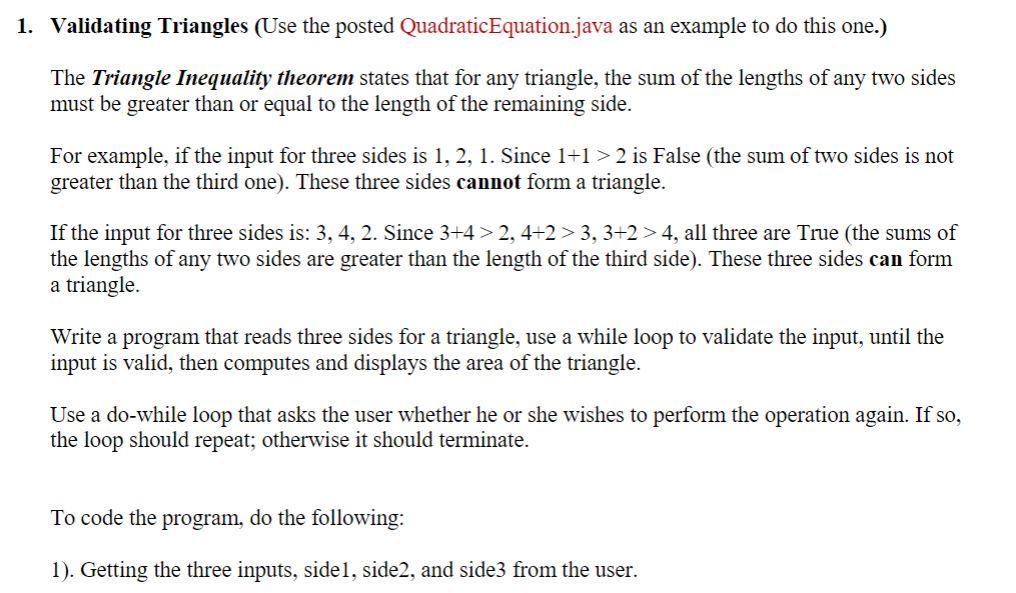 Solved 1. Validating Triangles (Use the posted | Chegg.com