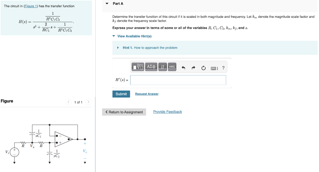 Solved The circuit in (Figure 1) has the transfer function | Chegg.com