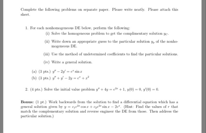Solved Complete the following problems on separate paper. | Chegg.com