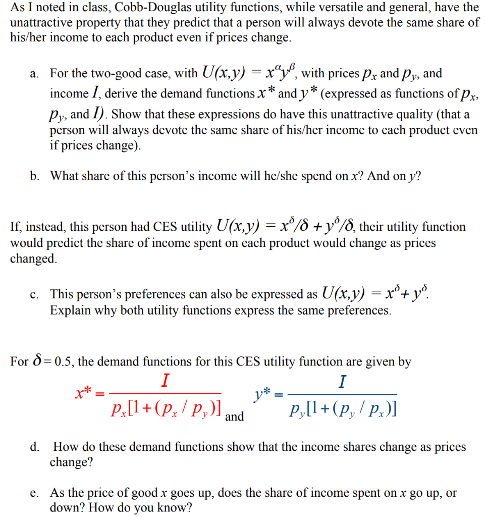 As I Noted In Class Cobb Douglas Utility Function Chegg Com