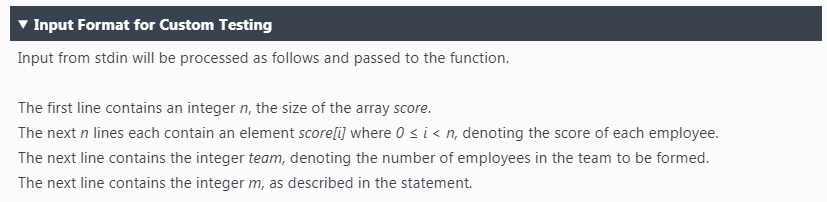 Input Format for Custom Testing Input from stdin will be processed as follows and passed to the function. The first line cont