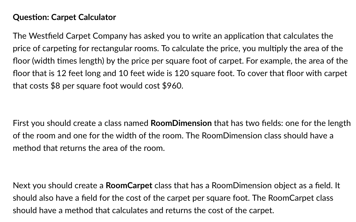 Solved Question Carpet Calculator The Westfield Carpet