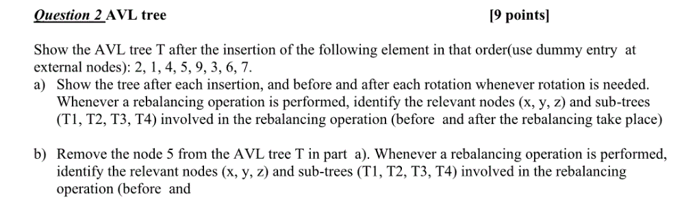 Solved Question 2 AVL tree [9 points] Show the AVL tree T | Chegg.com