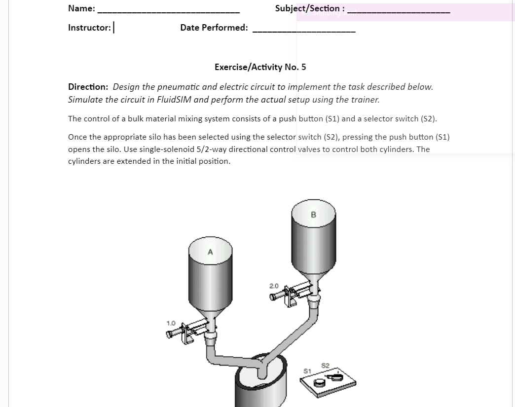 Solved Direction: Design the pneumatic and electric circuit | Chegg.com