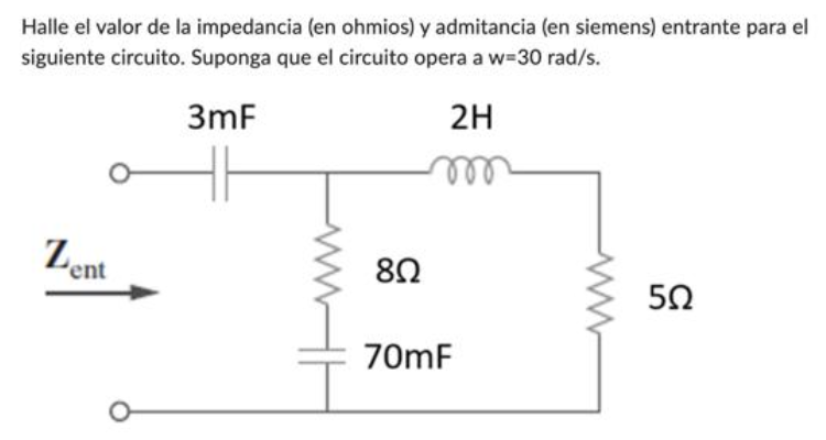 Halle el valor de la impedancia (en ohmios) y admitancia (en siemens) entrante para el siguiente circuito. Suponga que el cir