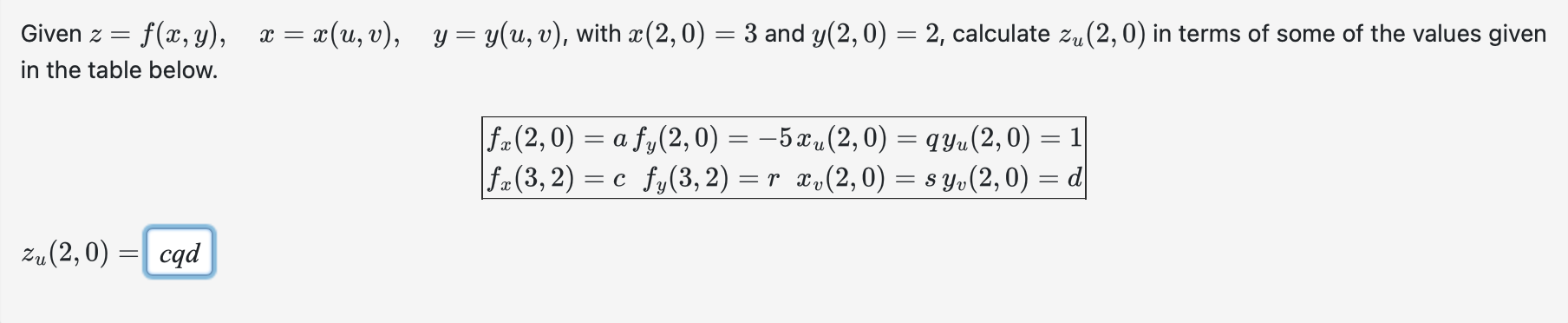 Solved Given z=f(x,y),x=x(u,v),y=y(u,v), with x(2,0)=3 and | Chegg.com