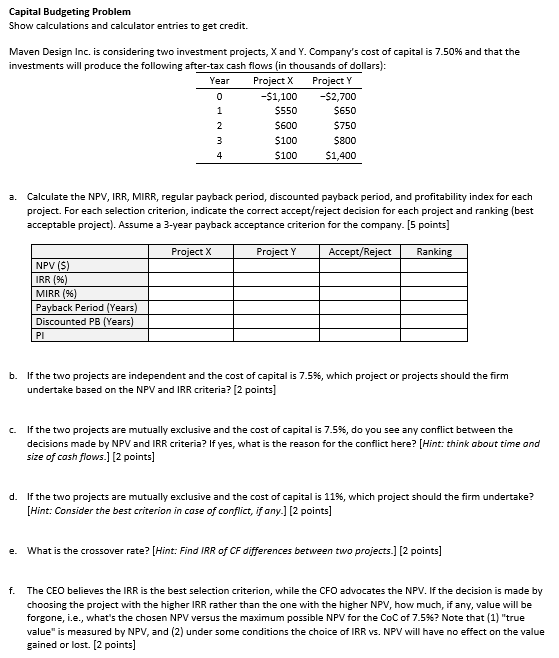 Capital Budgeting Problem Show calculations and | Chegg.com