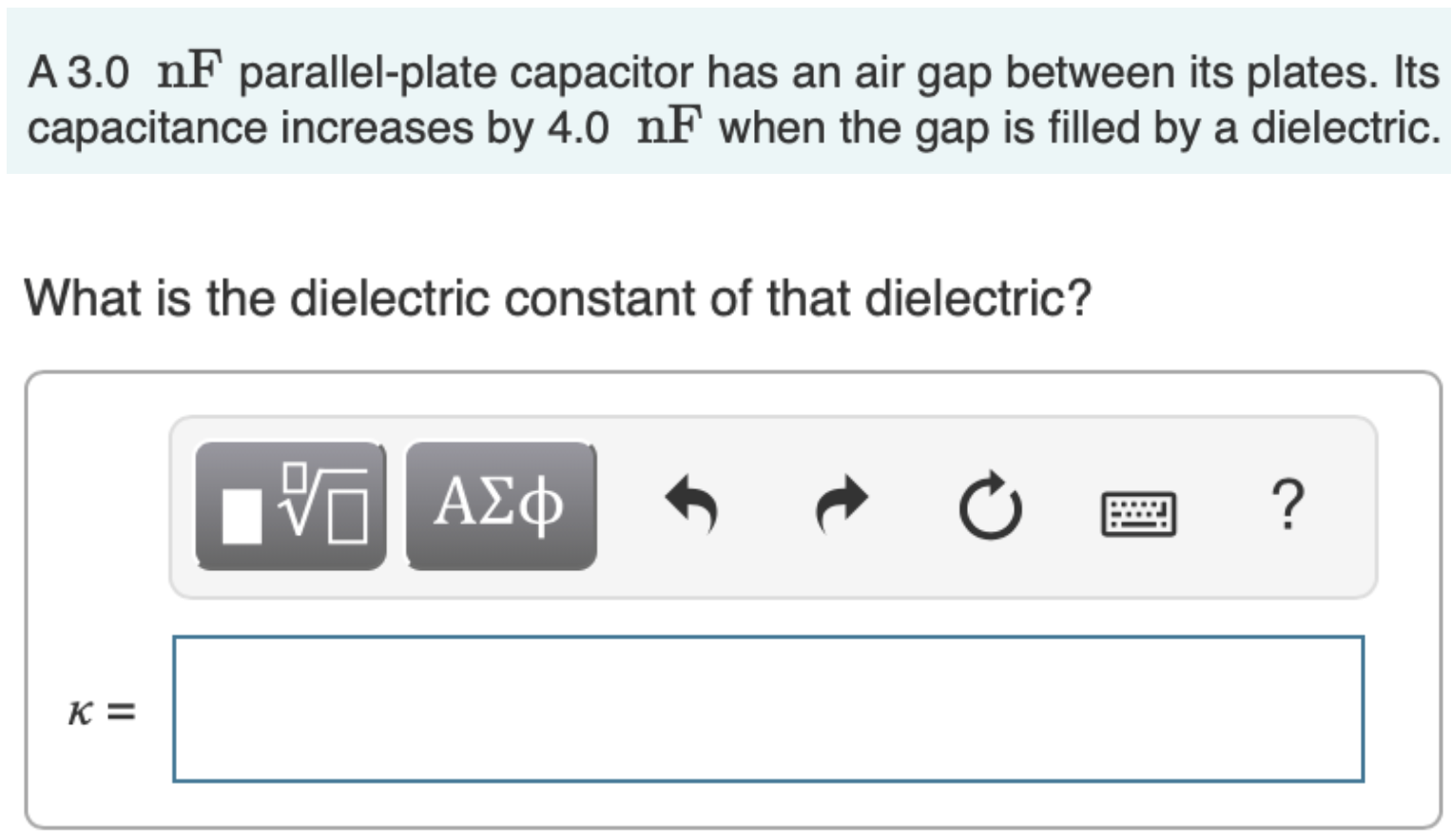 Solved A 3.0 nF parallelplate capacitor has an air gap