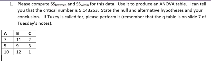 Solved 1. Please compute SSbetween and SSwithin for this | Chegg.com