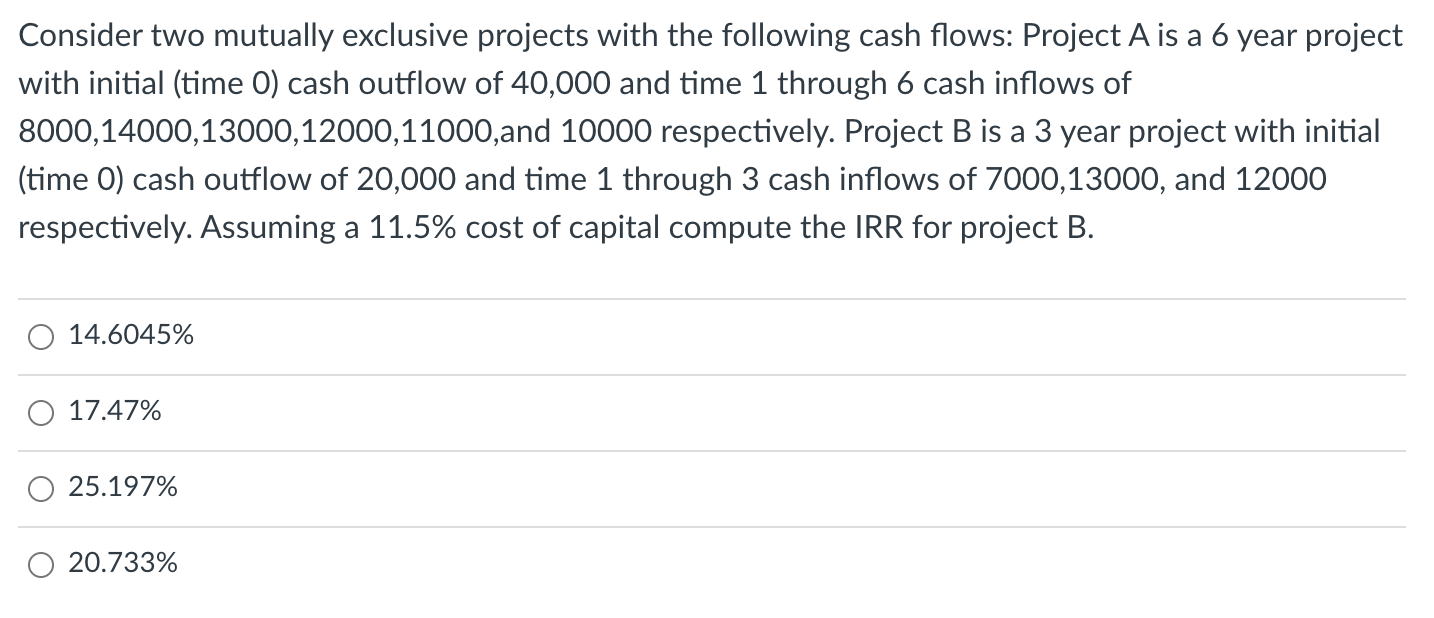 Solved Consider two mutually exclusive projects with the | Chegg.com