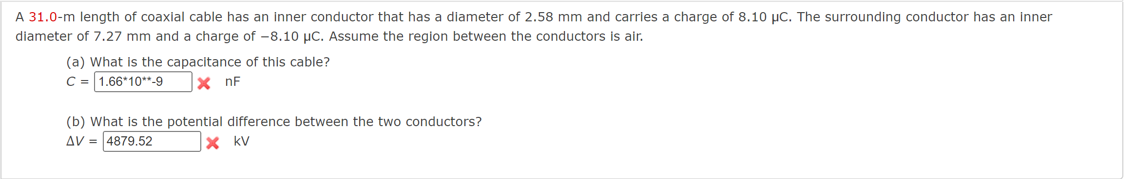 Solved A 31.0-m length of coaxial cable has an inner | Chegg.com