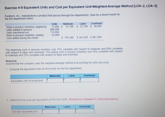 Exercise 4-9 Equivalent Units and Cost per Equivalent | Chegg.com