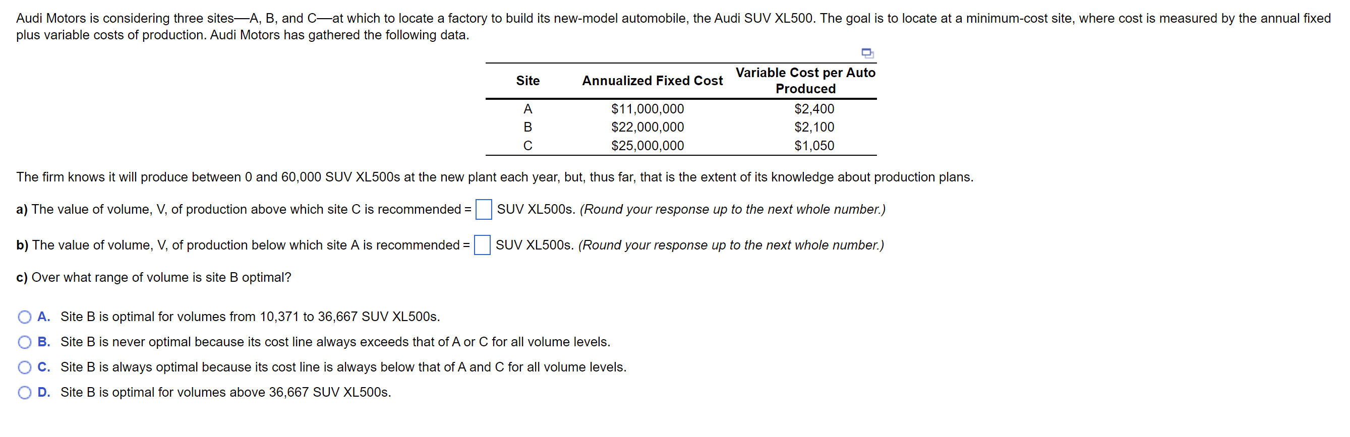 Solved Audi Motors is considering three sites—A, B, and C—at | Chegg.com