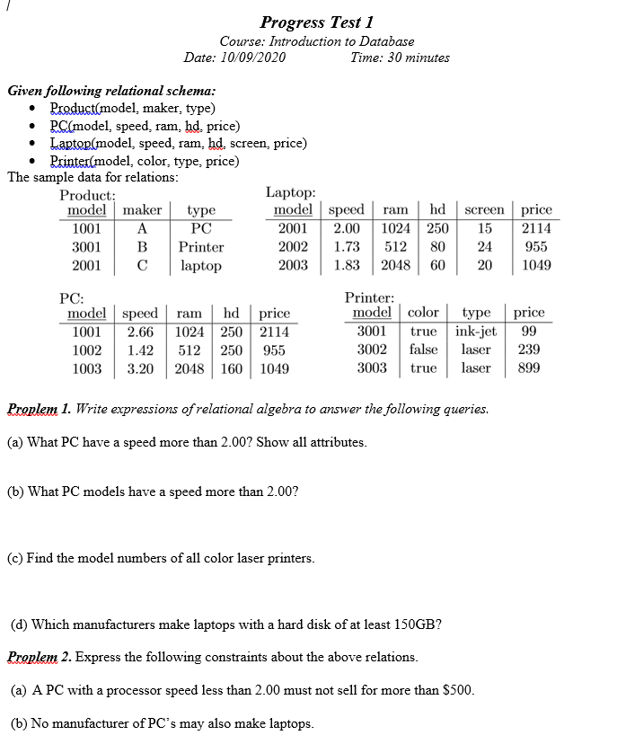 Solved Progress Test 1 Course: Introduction to Database | Chegg.com