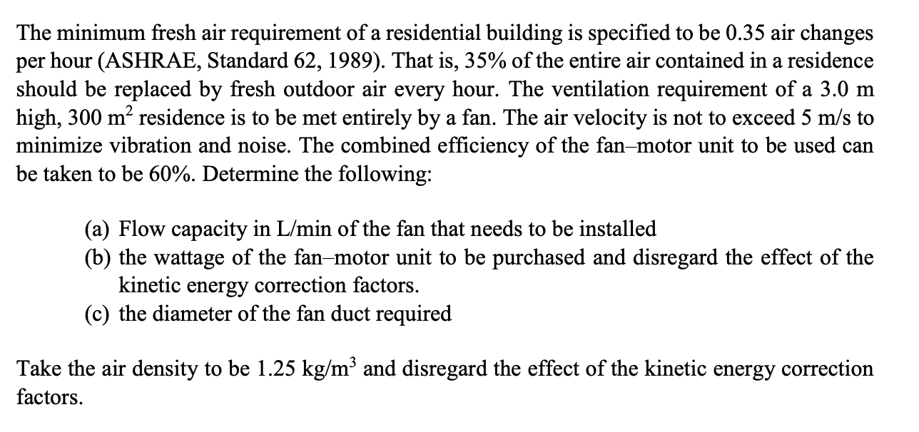 Solved The minimum fresh air requirement of a residential
