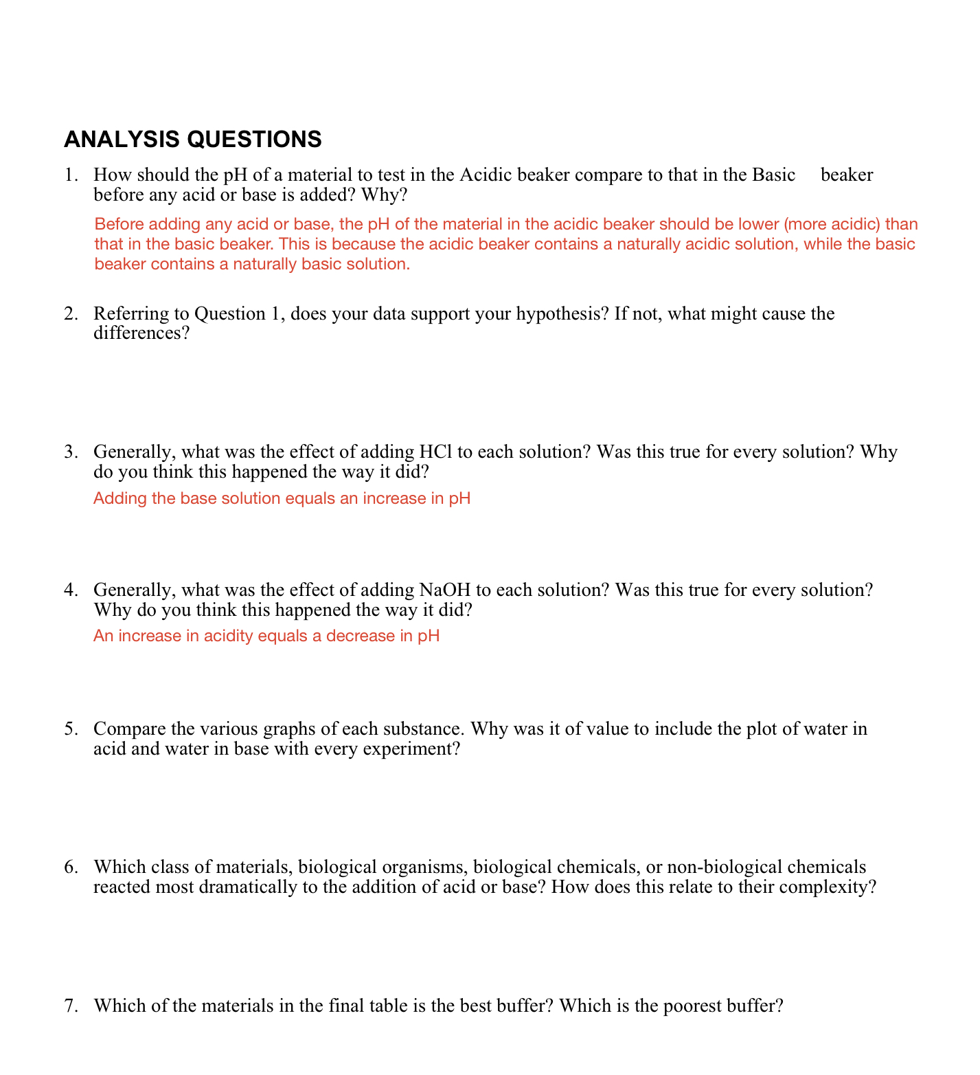 Solved ANALYSIS QUESTIONS 1. How should the pH of a material 