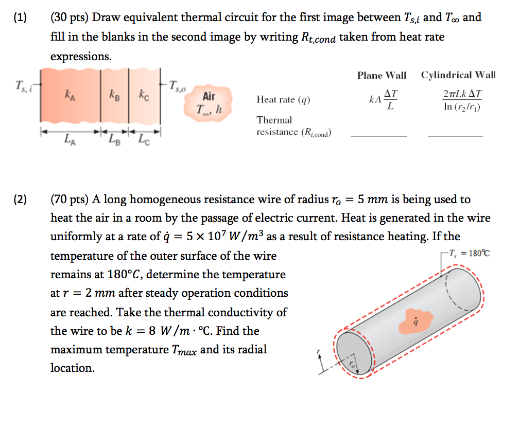 Solved (1) (30 pts) Draw equivalent thermal circuit for the | Chegg.com