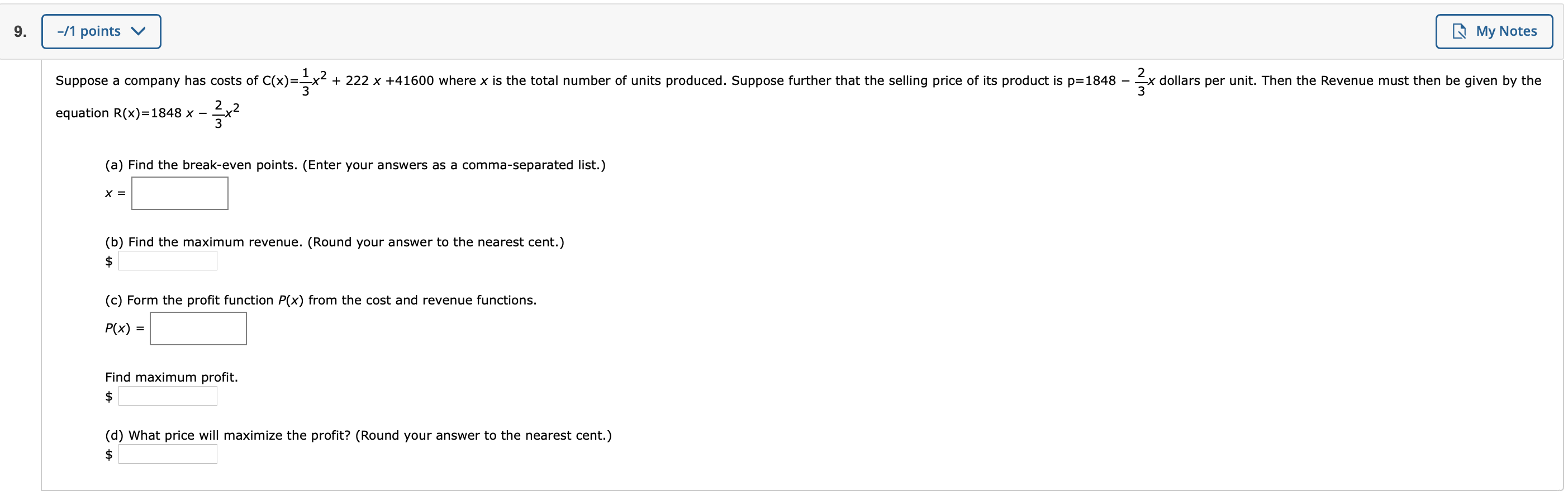Solved -11 points v My Notes Suppose a company has costs of | Chegg.com