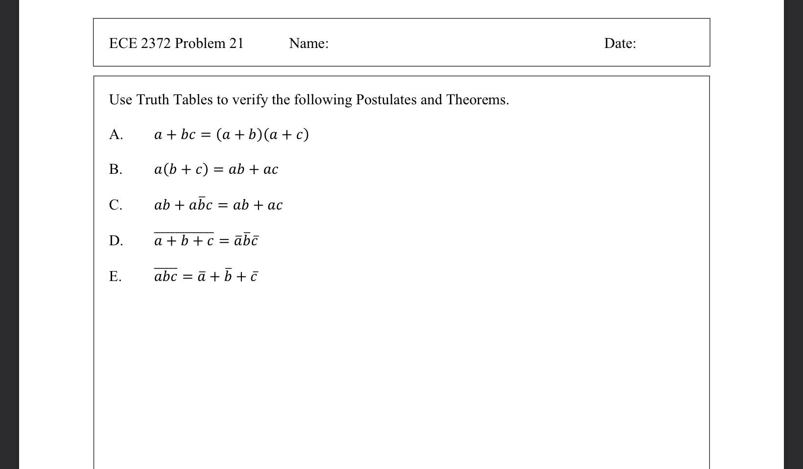 Solved Use Truth Tables To Verify The Following Postulates | Chegg.com