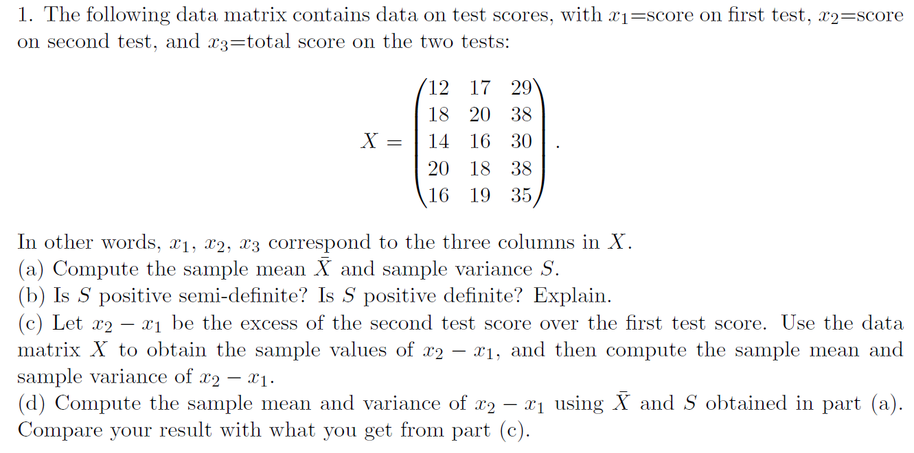 1. The following data matrix contains data on test | Chegg.com