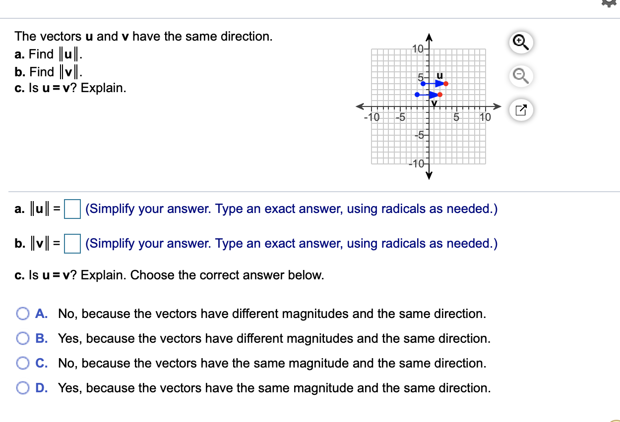 Solved A 10 The vectors u and y have the same direction a Chegg com
