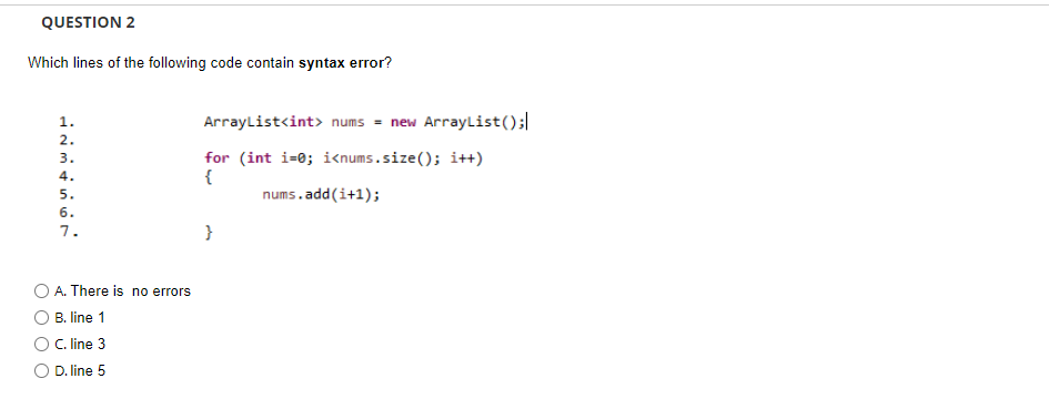 Solved QUESTION 2 Which lines of the following code contain | Chegg.com