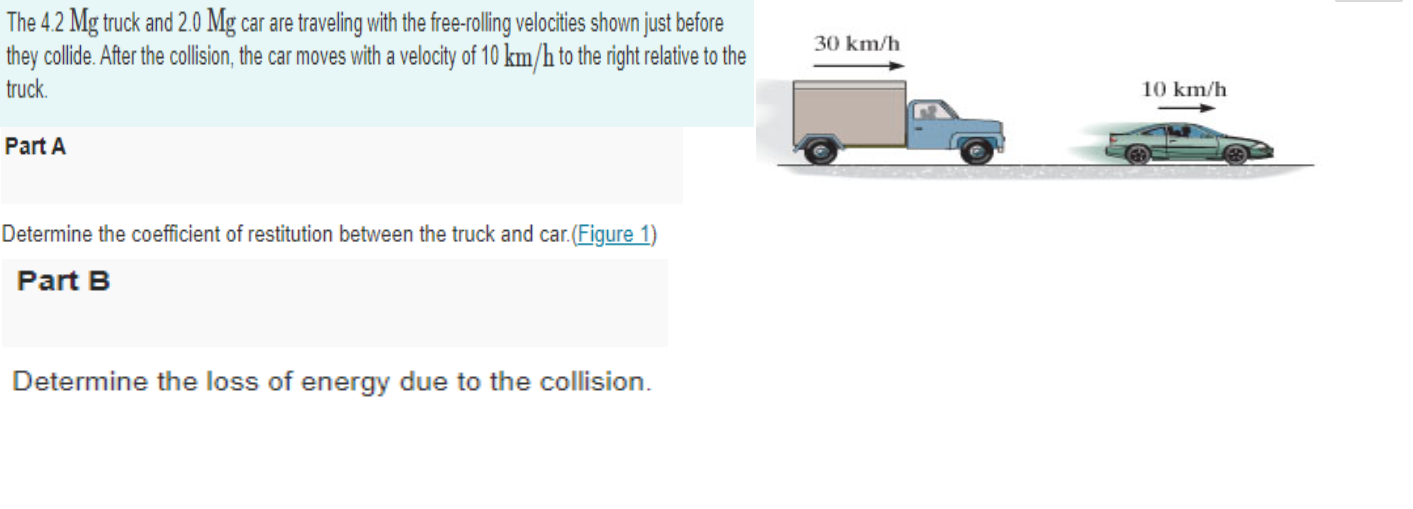 Solved 30 km/h The 4.2 Mg truck and 2.0 Mg car are traveling | Chegg.com