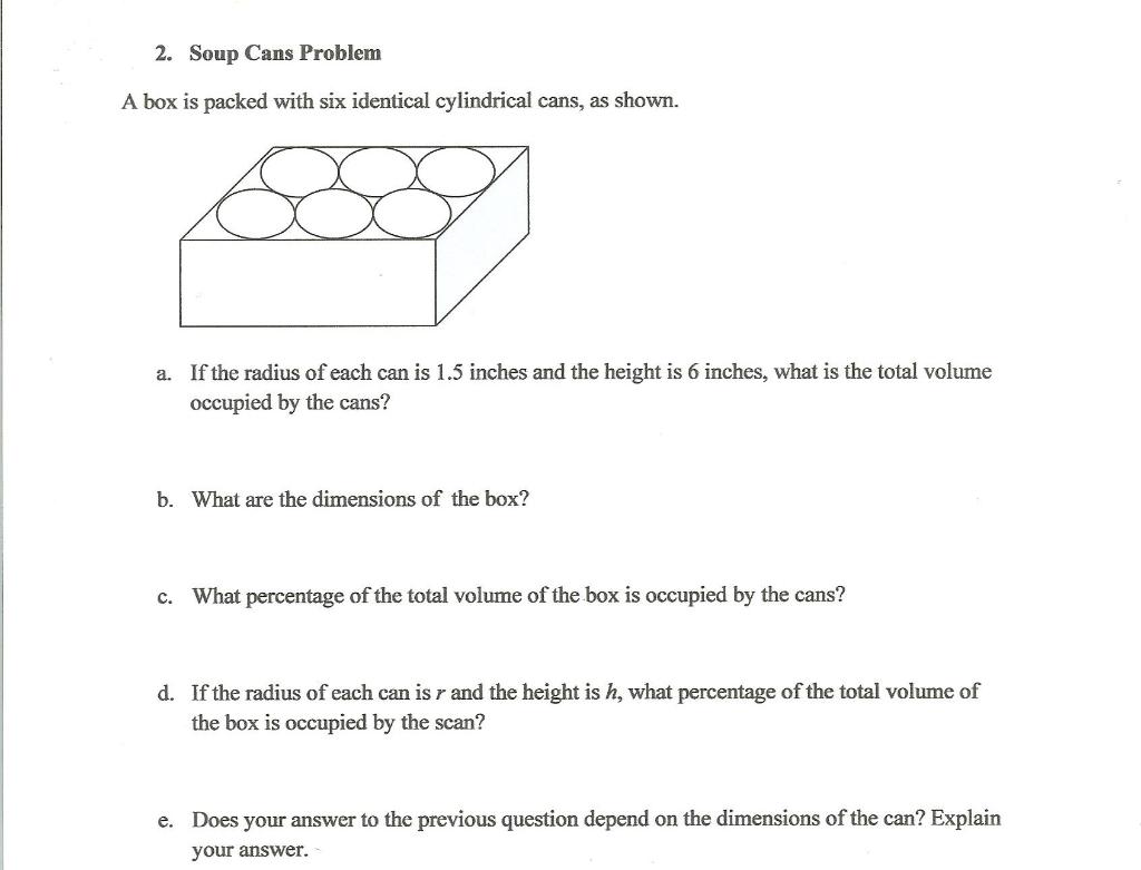 2. Soup Cans Problem
A box is packed with six identical cylindrical cans, as shown.
a. If the radius of each can is \( 1.5 \)