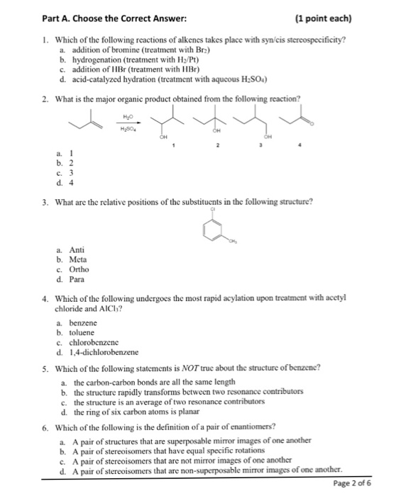 Solved Part A. Choose the Correct Answer: (1 point each) I. | Chegg.com