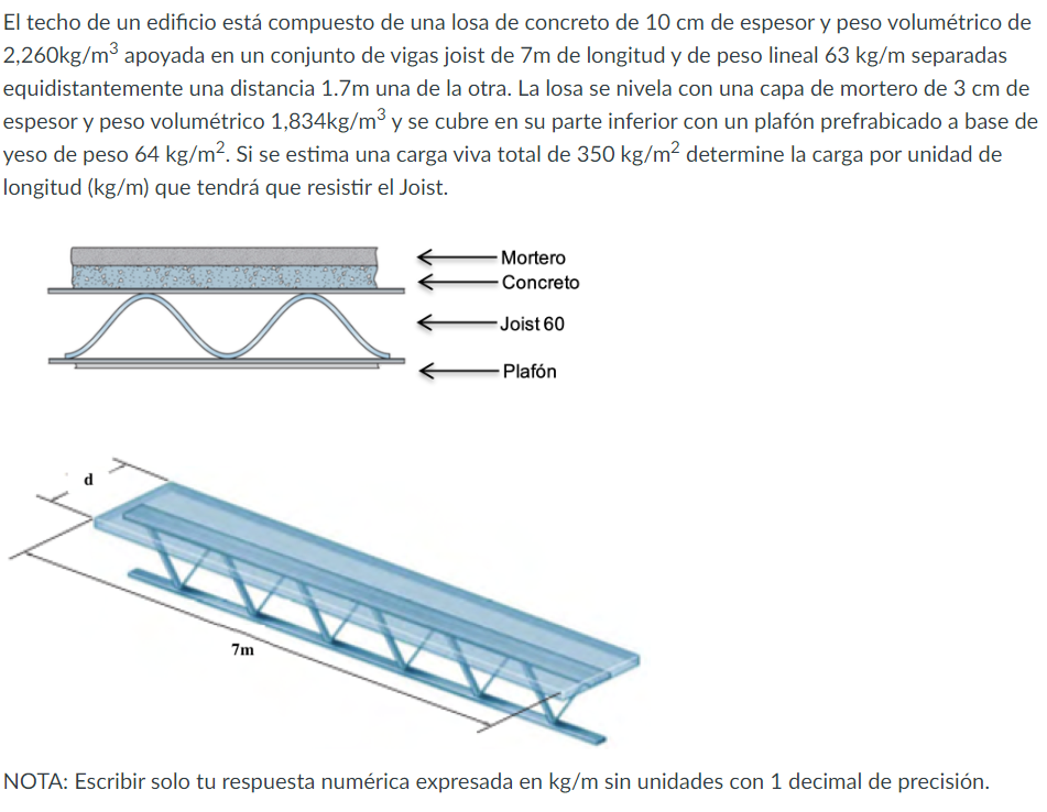 El techo de un edificio está compuesto de una losa de concreto de \( 10 \mathrm{~cm} \) de espesor y peso volumétrico de \( 2