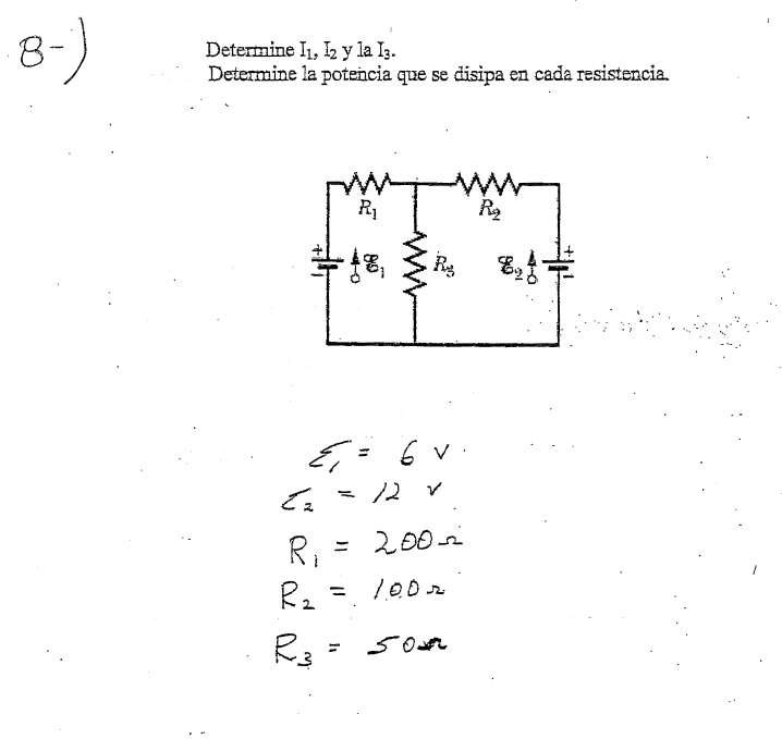 \( 8-1 \) Determine \( I_{1}, I_{2} \) y la \( I_{3} \). Determine la potencia que se disipa en cada resistencia. \[ \begin{a