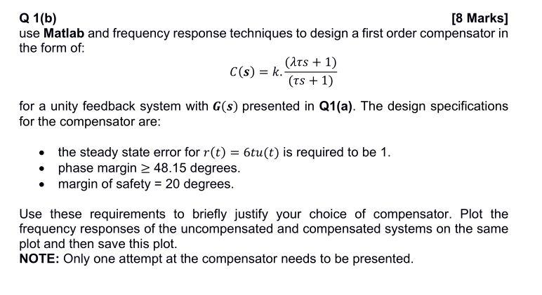 Q 1(b) [8 Marks] use Matlab and frequency response | Chegg.com