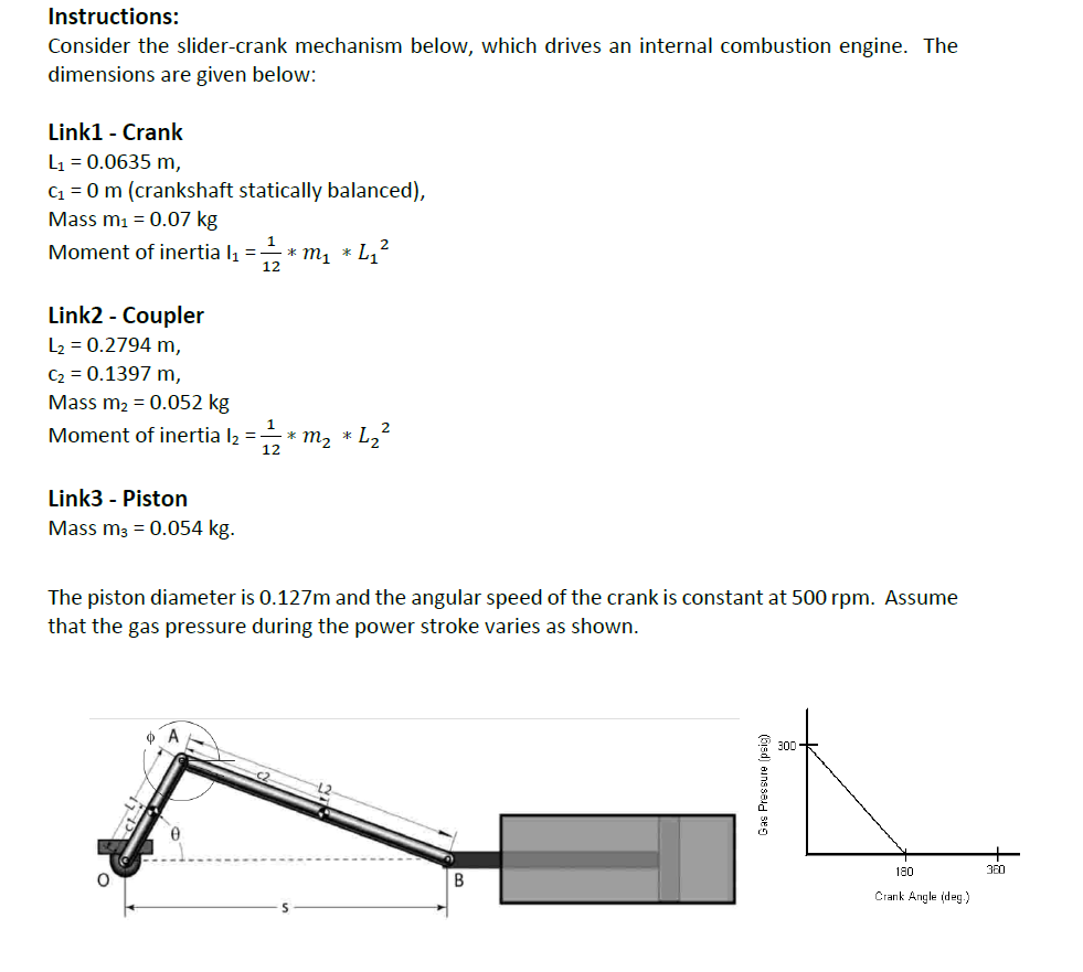 Instructions:
Consider the slider-crank mechanism below, which drives an internal combustion engine. The
dimensions are given