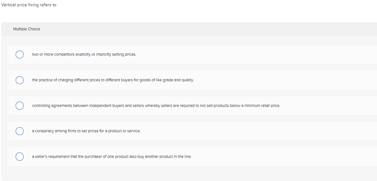 Solved Vertical price fixing refers to Multiple Choice two