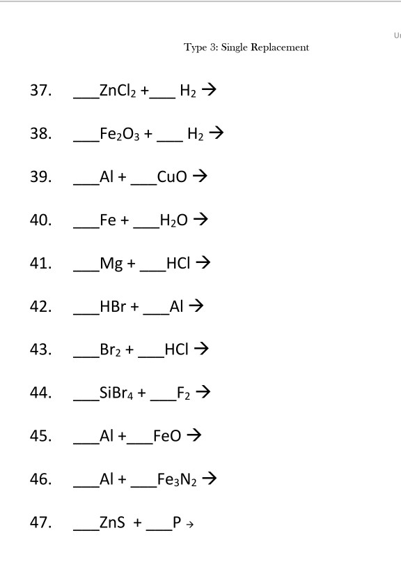 Solved U Type 3: Single Replacement ___ZnCl2 + __ H2 → | Chegg.com