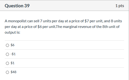 Solved Question 39 1 pts A monopolist can sell 7 units per | Chegg.com