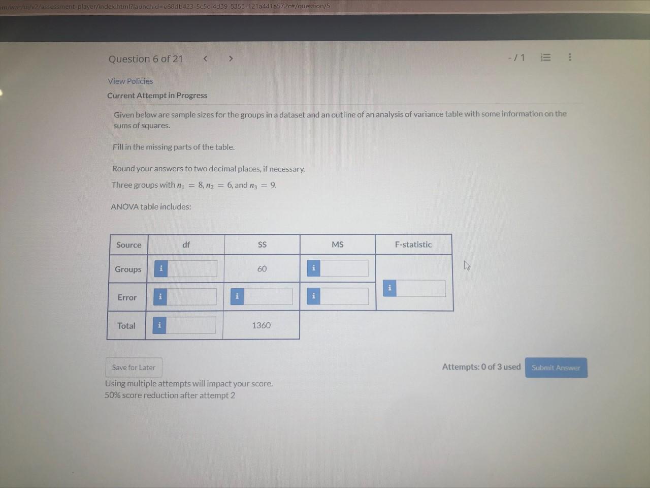 Given below are sample sizes for the groups in a dataset and an outline of an analysis of variance table with some informatio