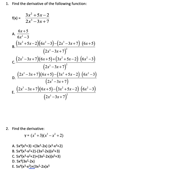 Solved 1 Find The Derivative Of The Following Function Chegg Com