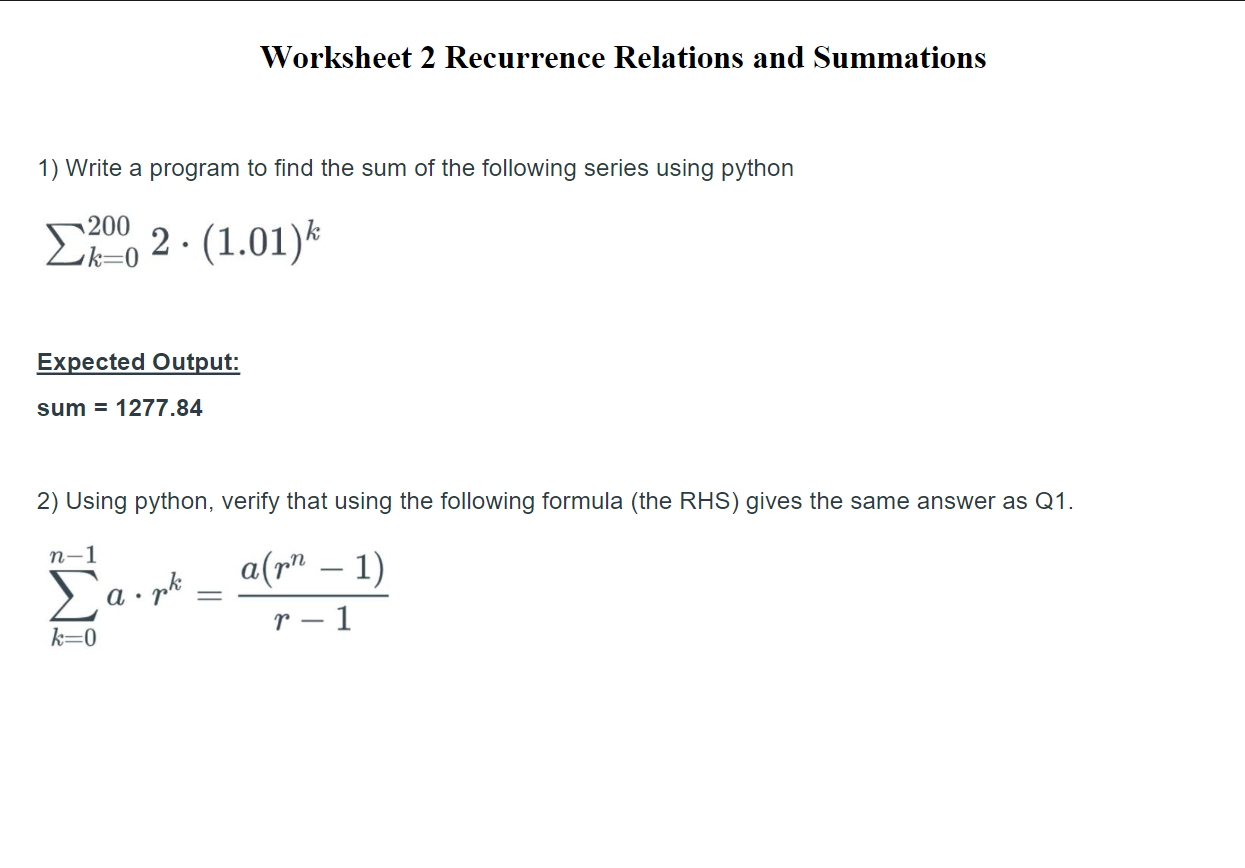 Worksheet 2 Recurrence Relations And Summations 1) | Chegg.com