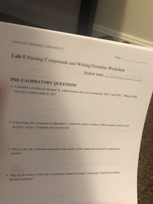 Solved General Chemistry Laboratory I Date Lab 5 Naming Chegg