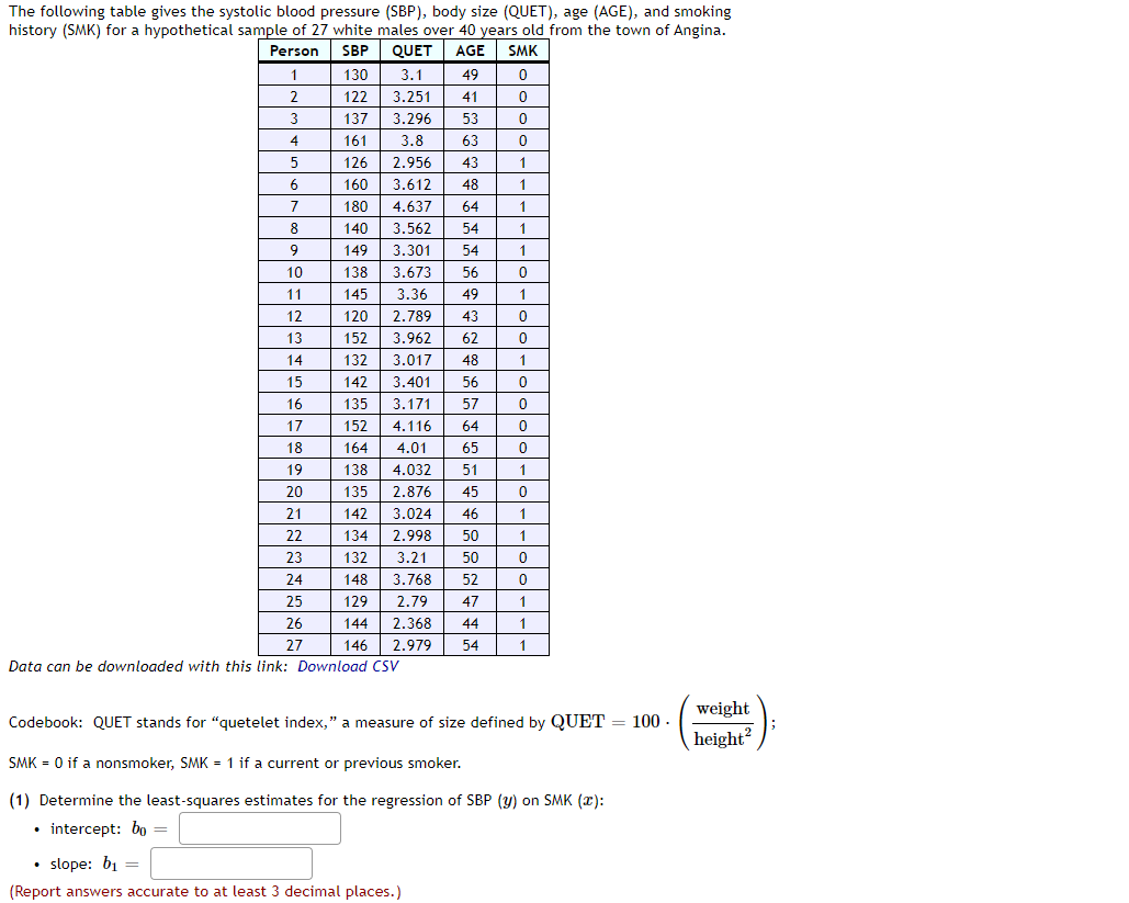 The following table gives the systolic blood pressure (SBP), body size (QUET), age (AGE), and smoking history (SMK) for a hyp