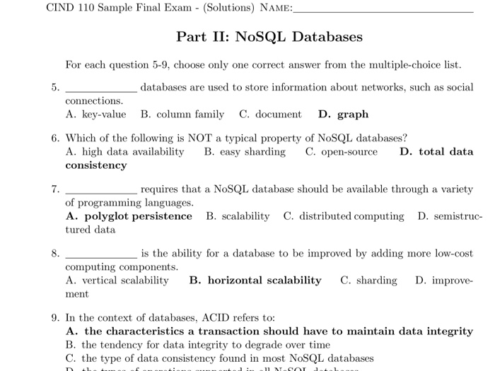 Solved Cind 110 Sample Final Exam Solutions Name Part Ii Nosql Databases Question 5 9 Choose One Q39236135 Coursehigh Grades